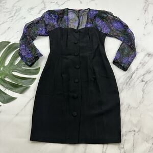 Hearts Womens Vintage 90s Mini Dress Size S Black Purple Sheer Puff Sleeve